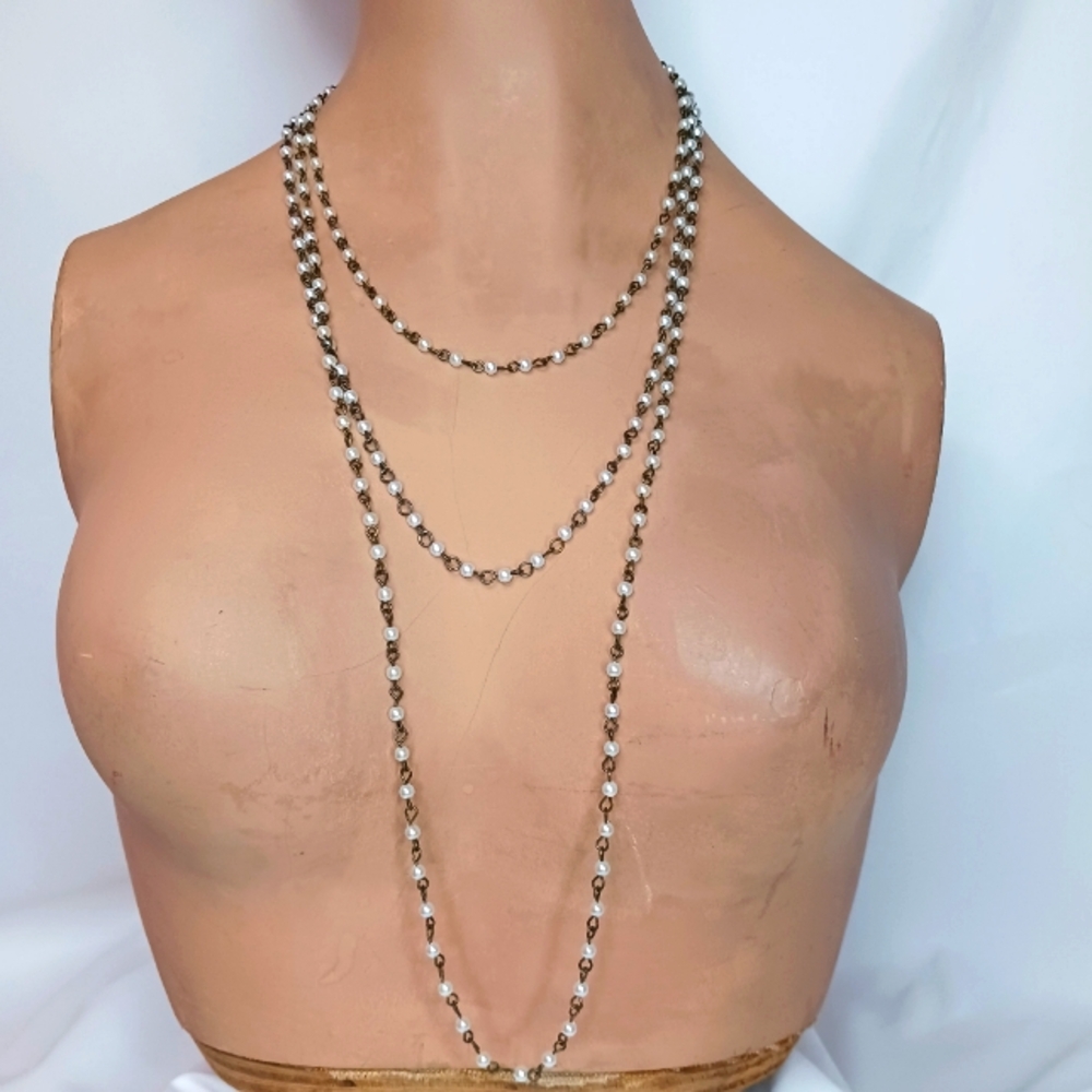 Three Layer Bronze and Pearl Chain Necklace.